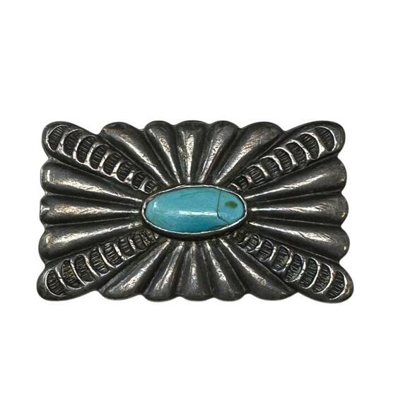 Vintage Native American Sterling Silver + Turquoise Rectangular Brooch - Picture 1 of 6